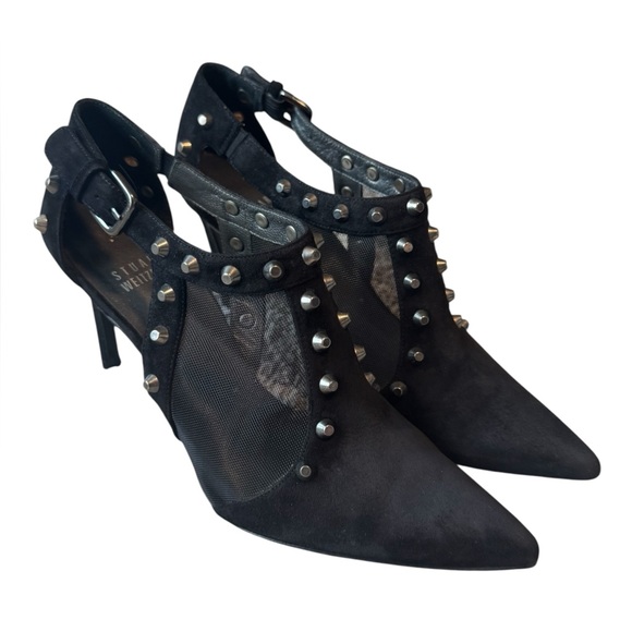 Stuart Weitzman Black Mesh Studded Heels - Picture 1 of 6